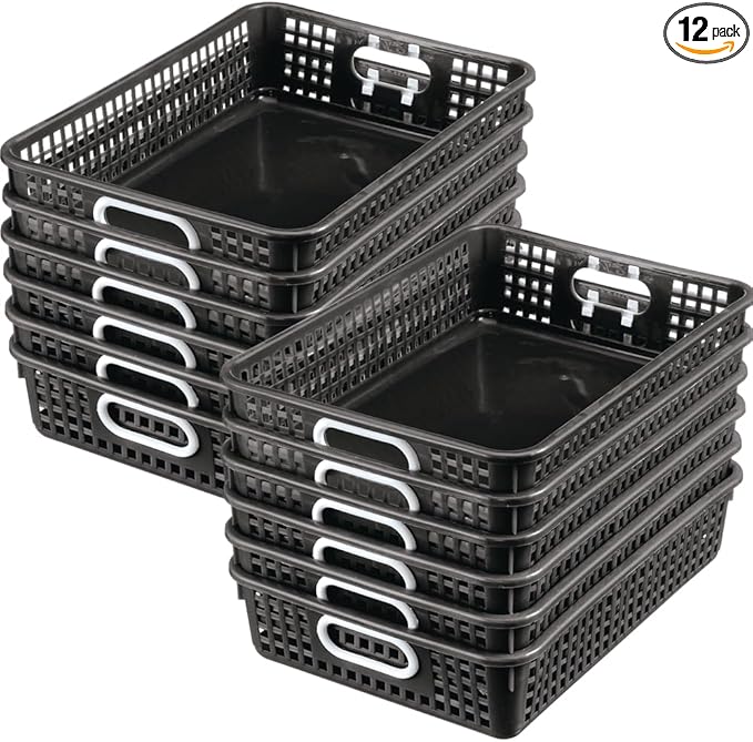 Really Good Stuff Small Plastic Paper Baskets, 14" x 10" x 3.25", 12 Pack, Black, Plastic Mesh Baskets for Classroom, Home, and Office, Fits A4 Paper, Documents, Files, Magazines