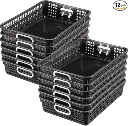 Really Good Stuff Small Plastic Paper Baskets, 14" x 10" x 3.25", 12 Pack, Black, Plastic Mesh Baskets for Classroom, Home, and Office, Fits A4 Paper, Documents, Files, Magazines