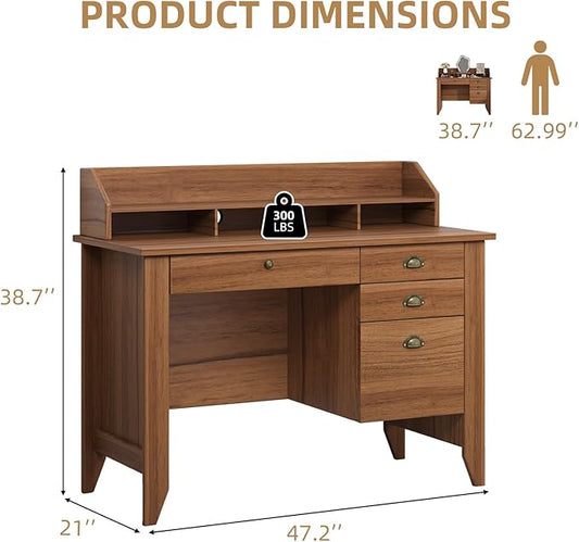 4 EVER WINNER Wooden Desk with Drawers, Small Desk with Monitor Stand and File Drawe, Writing Desk with Drawers for Bedroom Small Spaces, Walnut