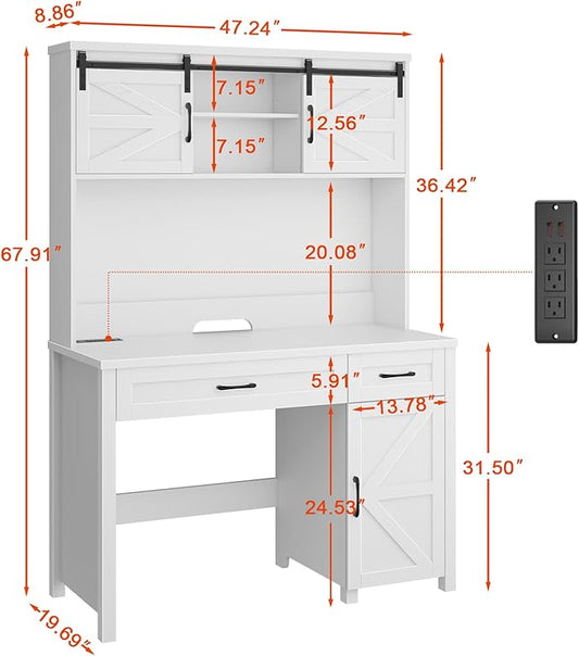 Vabches Farmhouse 47" Executive Desk, Computer Desk with 2 Drawers and Storage Cabinet, Home Office Desk with Hutch, Charging Hub, Workspace for Work and Study,(Cream White)