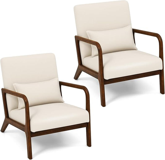 KOMFOTT Mid-Century Modern Accent Chair Set of 2, Living Room LeisureChair with Cushioned Seat & Back, Upholstered Armchair with Rubber Wood Frame & Lumbar Pillow, Lounge Chair for Bedroom, Beige