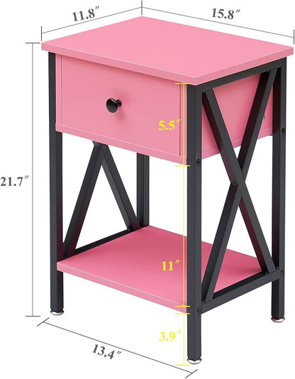 VECELO End Tables, Modern Nightstand with Drawer & Shelf, Night Stand for Bedroom Living Room,Industrial Metal Frame