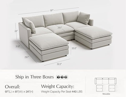 Txtin's Sectional Couches for Living Room U Shaped Cloud Couch with Ottoman Deep Plush 5 Seats Sofa Modern Sofa for Apartment Light Grey