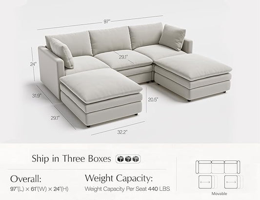 Txtin's Sectional Couches for Living Room U Shaped Cloud Couch with Ottoman Deep Plush 5 Seats Sofa Modern Sofa for Apartment Light Grey