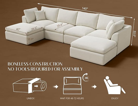 Oversized Cloud Sectional Couches for Living Room, Boneless U Shaped Couch with Ottoman, 4 Seater Modular Sectional Sofa, Warm White