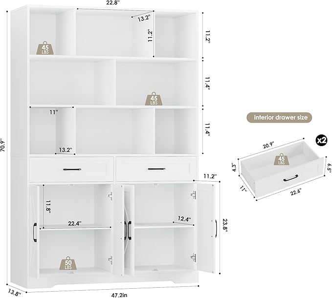HOSTACK 71" Tall Bookcase with Drawers and Doors, 47" Wide Book Shelf and Bookcase with Storage, 6 Tier Large Book Storage Cabinet with 14" Deep Display Shelves for Living Room, Home Office, White
