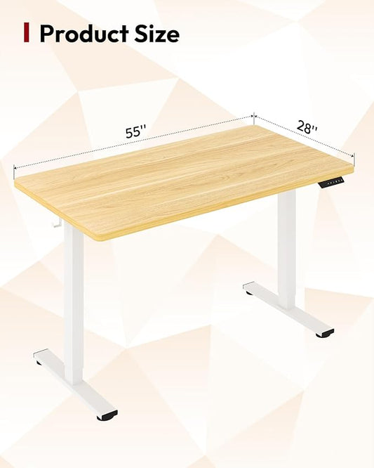 SANODESK Electric Standing Desk 55 x 28 Inches Whole-Piece Desktop Height Adjustable Stand Up Desk w/6-Button Controller Ergonomic Computer Desk for Home Office, White Frame + Natural Tabletop