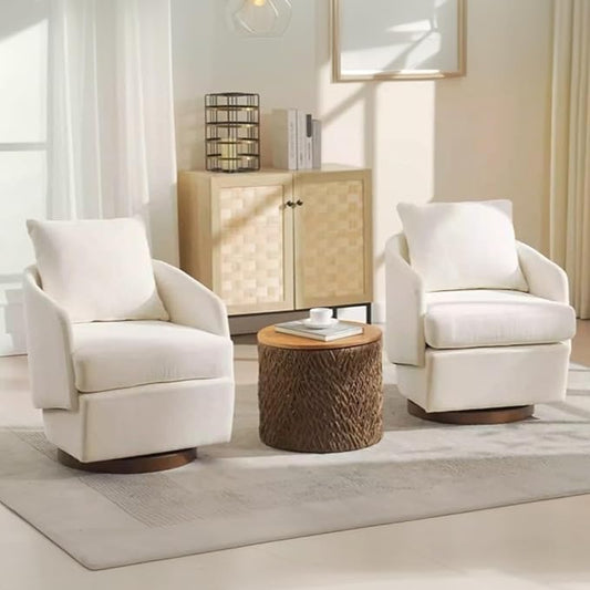 CIMOTA Swivel Accent Chairs Set of 2, Modern Barrel Armchairs with 360° Swivel Base and Pillow, Upholstered Fabric Club Chairs for Living Room/Reading/Office, Beige