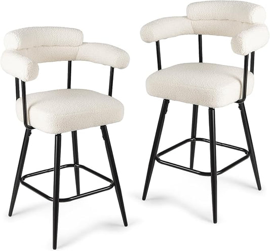 COSTWAY Counter Height Bar Stools Set of 2, 27" Swivel Modern Upholstered Counter Chairs with Boucle Fabric, Curved Backrests & Metal Legs, for Kitchen Island, Home, Pub (2, White + Black)