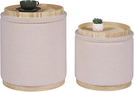 PINPLUS Round Ottoman with Storage Set of 2, Vanity Stool with Storage, Small Ottoman with Tray Teddy Velvet Foot Rest Stool for Bedroom, Living Room, Dorm (Beige)