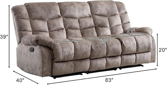 CANMOV Manual Reclining Sofa, 3 Seat Recliner Sofa with Armrest and Overstuffed Backrest, Couch Set for Living Room, Bedroom, Office, Light Brown