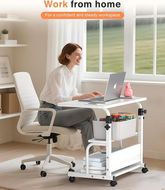 Portable Desk with Wheels Small Standing Desk on Wheels Adjustable Height Rolling Desks for Small Spaces, 32" Computer Desks with Storage Shelves for Home Office Study White