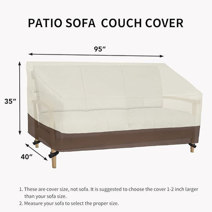 Easy-Going Waterproof Outdoor Couch Cover, Heavy Duty 3-Seater Patio Sofa Cover, Winchdproof Outdoor Furniture Cover with Air Vent (95Wx40Dx35H inch, Beige/Dark Brown)