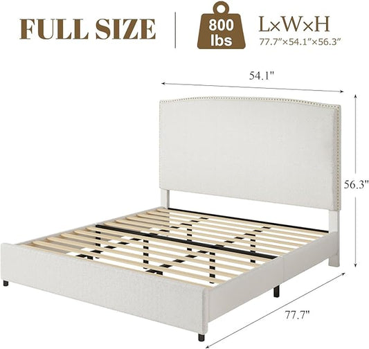 Full Size Bed Frame with Headboard, 56" Upholstered Platform Bed with Nailhead Trim, Soft Boucle Fabric, No Box Spring Needed, Easy Assembly, White