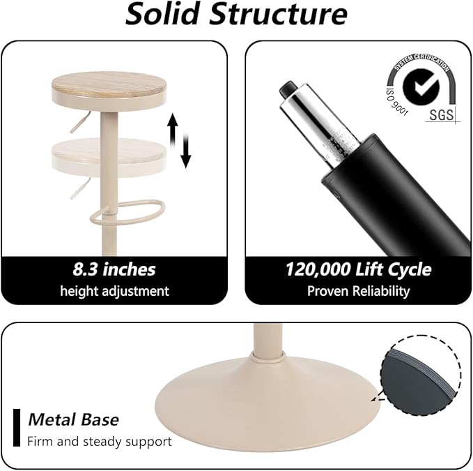 Kidol & Shellder Bar Stools Set of 2 Round Adjustable Swivel Barstools Modern Backless Bar Chairs Wooden Seat Counter Height Stools Armless for Kitchen Island, Cafe, Dining Room (Khaki)