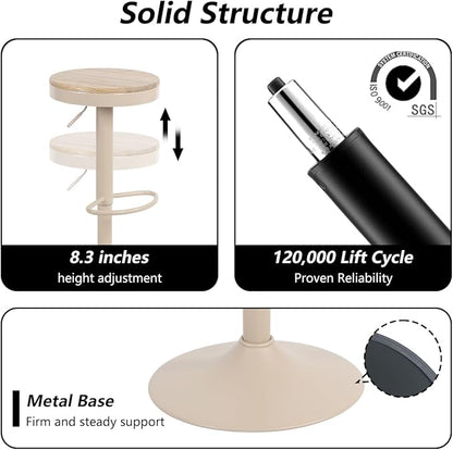 Kidol & Shellder Bar Stools Set of 2 Round Adjustable Swivel Barstools Modern Backless Bar Chairs Wooden Seat Counter Height Stools Armless for Kitchen Island, Cafe, Dining Room (Khaki)