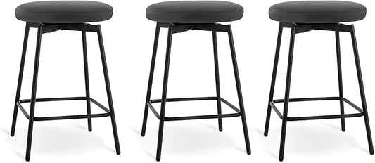 Swivel Bar Stools Set of 3, 24" Counter Height Bar Stool, Backless Barstools with Faux Leather Upholstered Seat&Sturdy Wood Legs for Kitchen Island, Black