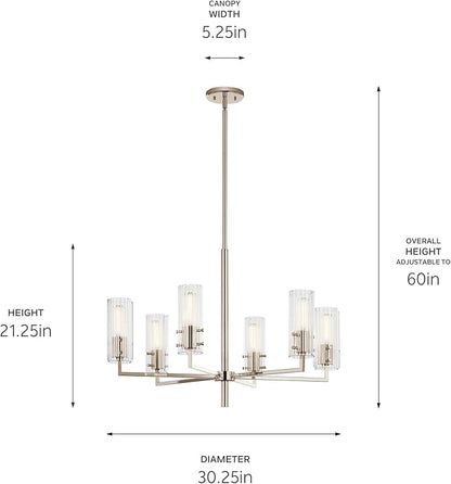 KICHLER Velestino 30.25" 6 Light Chandelier in Polished Nickel, for Foyer, Dining Room, Living Room, Bedroom, (21.25" x 30.25") 52679PN