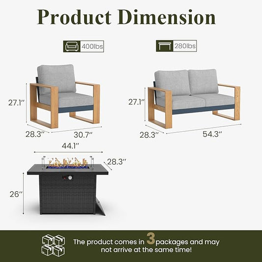 LayinSun 4 Pieces Aluminum Patio Furniture Set with Fire Pit Table, Oversized Seat with Hight Back, Outdoor Conversation Sets for Porch, Balcony, Deck