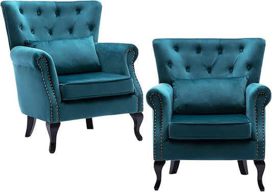 chairus Mid-Century Modern Accent Chairs Set of 2, Comfy Tufted Single Sofa Chair Wingback Armchair with Pillow for Club, Living Room, Bedroom - Velvet, Teal