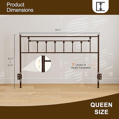 Metal Queen Size Headboard Only, Adjustable Height, Victorian Farmhouse Style Steel Queen Bed Headboad, Easy Assembly, Attach Frame, Brown