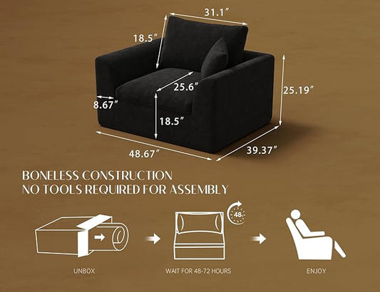 48.6" Single Sofa, Small Boneless Couches for Living Room, Cloud Couch for Bedroom, Office, Black
