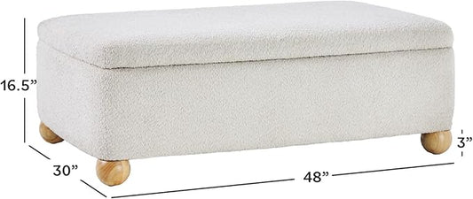 Walker Edison Linley Contemporary Large Storage Bouclé Ottoman with Wood Legs, Ivory