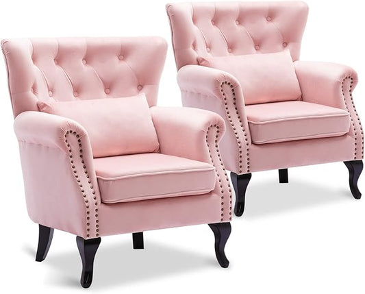 Accent Reading Arm Chairs Set of 2 for Living Room Bedroom, Midcentury Modern Comfy Corner Sofa Chair, Wingback Waiting Room Club Chair with Button Tufted Back &Lumbar Pillow, Velvet Pink