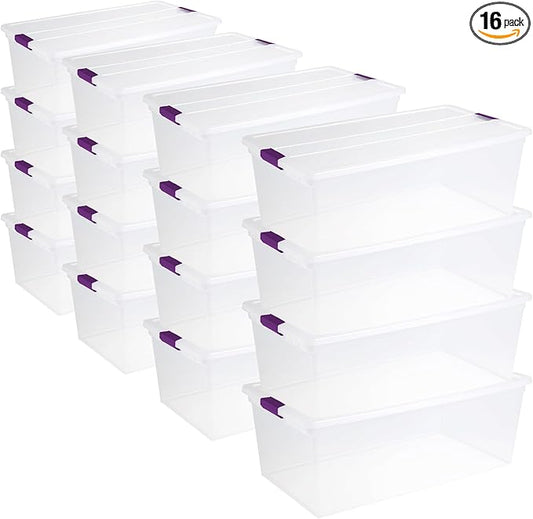 Sterilite 16-Pack 110 Quart ClearView Latch Box, Stackable Organizer Bins with Latching Lids - Clear Plastic Organization Containers for Closet, Bedroom, Shelving Units and Everyday Home Storage