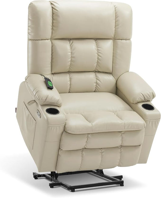 MCombo Dual Motor Power Lift Recliner Chair for Elderly, Lay Flat Lift Chair with Heat and Massage, Oversized Lift Recliner for Big and Tall, Faux Leather R7891 (Cream White, Oversized)