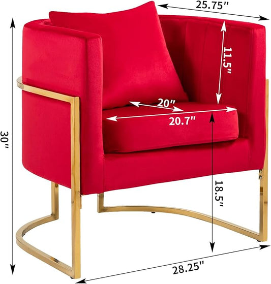 Velvet Modern Accent Chairs Set of 2, Upholstered Barrel Armchair Mid Century with Pillow for Living Room, Comfy Single Vanity Chair with Metal Gold Legs for Bedroom, Rose Red
