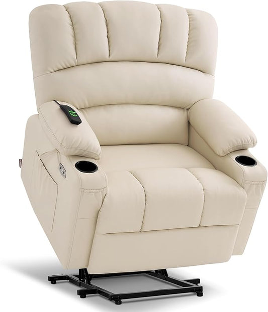 MCombo Power Lift Recliner Chair for Elderly, Lift Chair with Heat and Massage, Extra Wide Lift Recliner for Big People, Faux Leather R7096 (Medium-Wide, Cream White)
