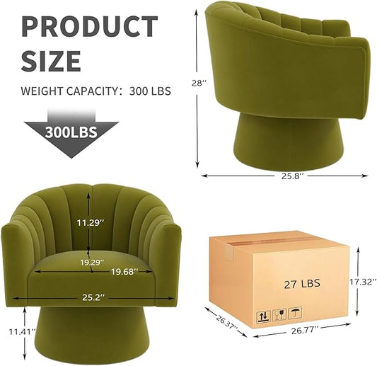 Swivel Accent Chair Set of 2, Upholstered Velvet 360° Swivel Barrel Chair for Living Room Overstuffed Bouncle Reading Chair Round Armchair for Bedroom,Vanity,Office (Grass-Green)