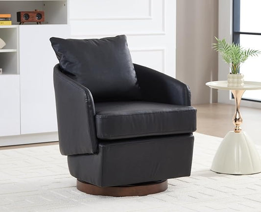 CIMOTA PU Leather Swivel Accent Chair, Modern Barrel Armchair with 360° Swivel Base and Pillow, Upholstered Club Chair for Living Room/Reading/Office, Black