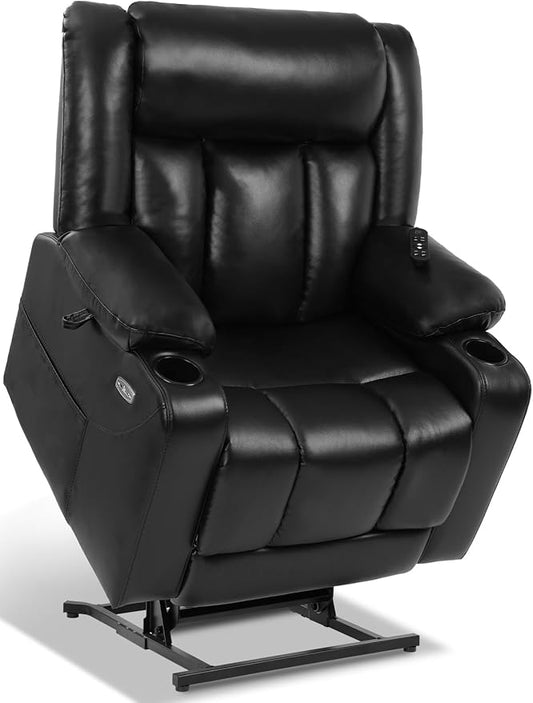 EONIX Dual Motor Oversized Power Lift Recliner Chair for Elderly, 400lbs Heavy Duty Faux Leather Recliner with Massage and Heat, Lay Flat Big and Tall Lift Chair with Cup Holders, Black
