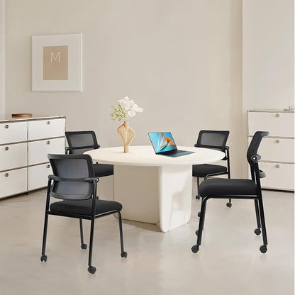 CLATINA Stacking Armless Office Guest Chair with Wheels, Stackable Mesh Waiting Room Reception Desk Chairs with Adjustable Backrest for Conference Lobby Side School, Black, 4PK