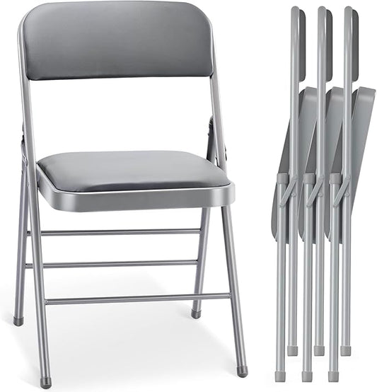 cyclone sound 4 Pack Folding Chairs with PU Padded Cushion and Back, Commercial Grade Metal Chairs with Comfortable PU Leather Cushion for Home and Office, for Indoor and Outdoor Events (4, Gray-PU)