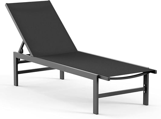 Outdoor Lounge Chairs for Pool, Aluminum Chaise Lounge Chairs with 5-Position Recliner, Patio Lounge Chair for Backyard, Poolside, Deck, Lawn, Black