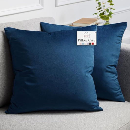 lalaLOOM Velvet Throw Pillow Covers, Set of 2 Decorative Square Pillows Home Decor, Soft Accent Cases, Silky Machine Washable Pillowcases for Sofa, Couch, Bedroom, Living Room, 16x16, Dark Blue