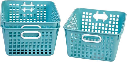 Really Good Stuff 160016WA Multi-Purpose Plastic Storage Baskets for Classroom or Home Use - Stackable Mesh Plastic Baskets with Grip Handles 13" x 10" (Water - Set of 12)
