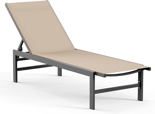 Outdoor Lounge Chairs for Pool, Aluminum Chaise Lounge Chair with 5-Position Recliner, Patio Lounge Chair for Backyard, Poolside, Lawn, Khaki