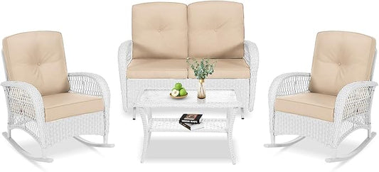 VIVIJASON 4-Piece Outdoor Patio White Wicker Conversation Sets, All Weather Outdoor Rattan Furniture Set Includes Glider Loveseat, Coffee Table, 2 Rocking Chairs with Cushions for Backyard, Beige