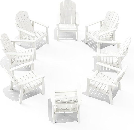 Adirondack Chair Set of 8, All Weather HDPE Fire Pit Chairs, Oversized Plastic Adirondack Chair for Outdoor, Balcony, Deck, Backyard, Patio, Garden, Poolside, Lawn White