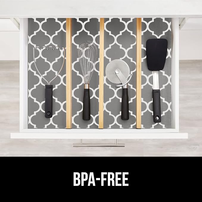 GORILLA GRIP Slip Resistant Drawer and Shelf Liner 2 Pack, Non Adhesive Water Resistant, Easy Clean and Trim, Smooth Surface Liners for Kitchen Cabinet Shelves Drawers Pantry 12 IN x 10 FT, White Gray