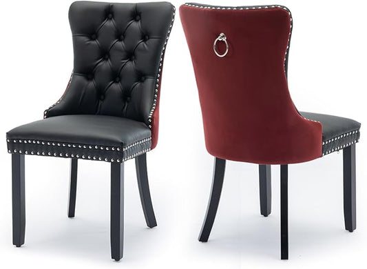 Leather Upholstered Dining Chairs Set of 2, Modern Style Kitchen Side Chairs with Nailhead Trim and Wood Leg, Metal Pulling Ring for Dining Room Living Room(Black&Wine Red)
