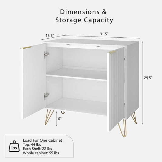 Fluted Storage Cabinet, 2 Doors Sideboard Buffet Cabinet, Modern Wood Accent Cabinet with Adjustable Shelves, Console Table for Living Room, Hallway, Entryway, White