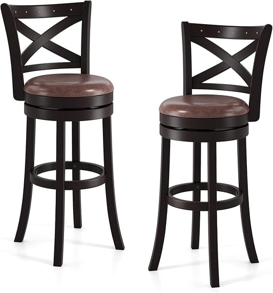 COSTWAY Bar Stools Set of 2, 30" Swivel Bar Height Bar Chairs with Copper Nails, Upholstered Seat, X-Shaped Backrest, Solid Rubber Wood Frame, for Kitchen Island Pub Bar