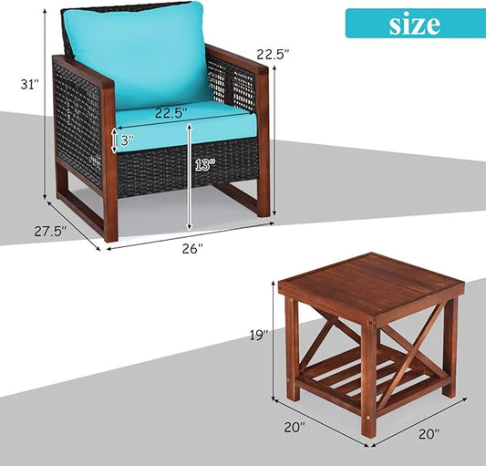 COSTWAY 3 Pieces Wicker Patio Furniture Set, Outdoor Wicker Sofa with Acacia Wood Frame, Coffee Table & Washable Cushions, Rattan Conversation Sets for Yard, Porch, Bistro Balcony Backyard, Turquoise