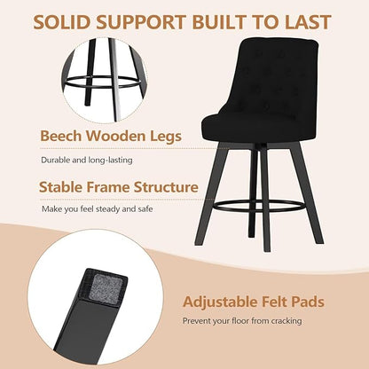 MINCETA Set of 4 Upholstered Bar Stools - 26 Inch Swivel Counter Height Stools with Low Tufted Back, Footrest & Performance Fabric - Round Seat for Kitchen Island & Home Bar Black