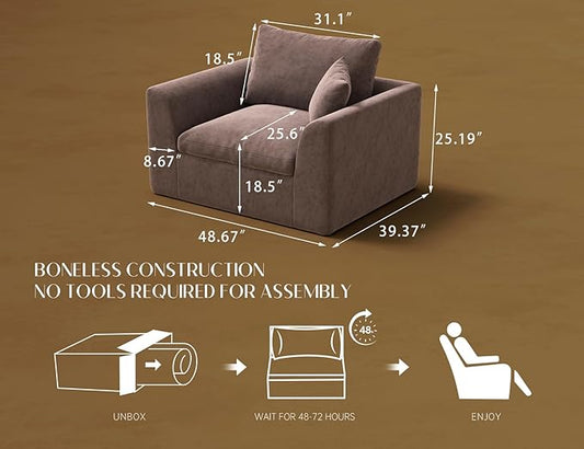 48.6" Single Sofa, Small Boneless Couches for Living Room, Cloud Couch for Bedroom, Office, Brown